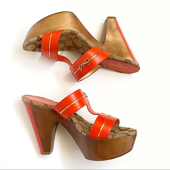 Coach Jonah open toe orange leather straps brown wood platform chunky cone heels - Picture 6 of 12